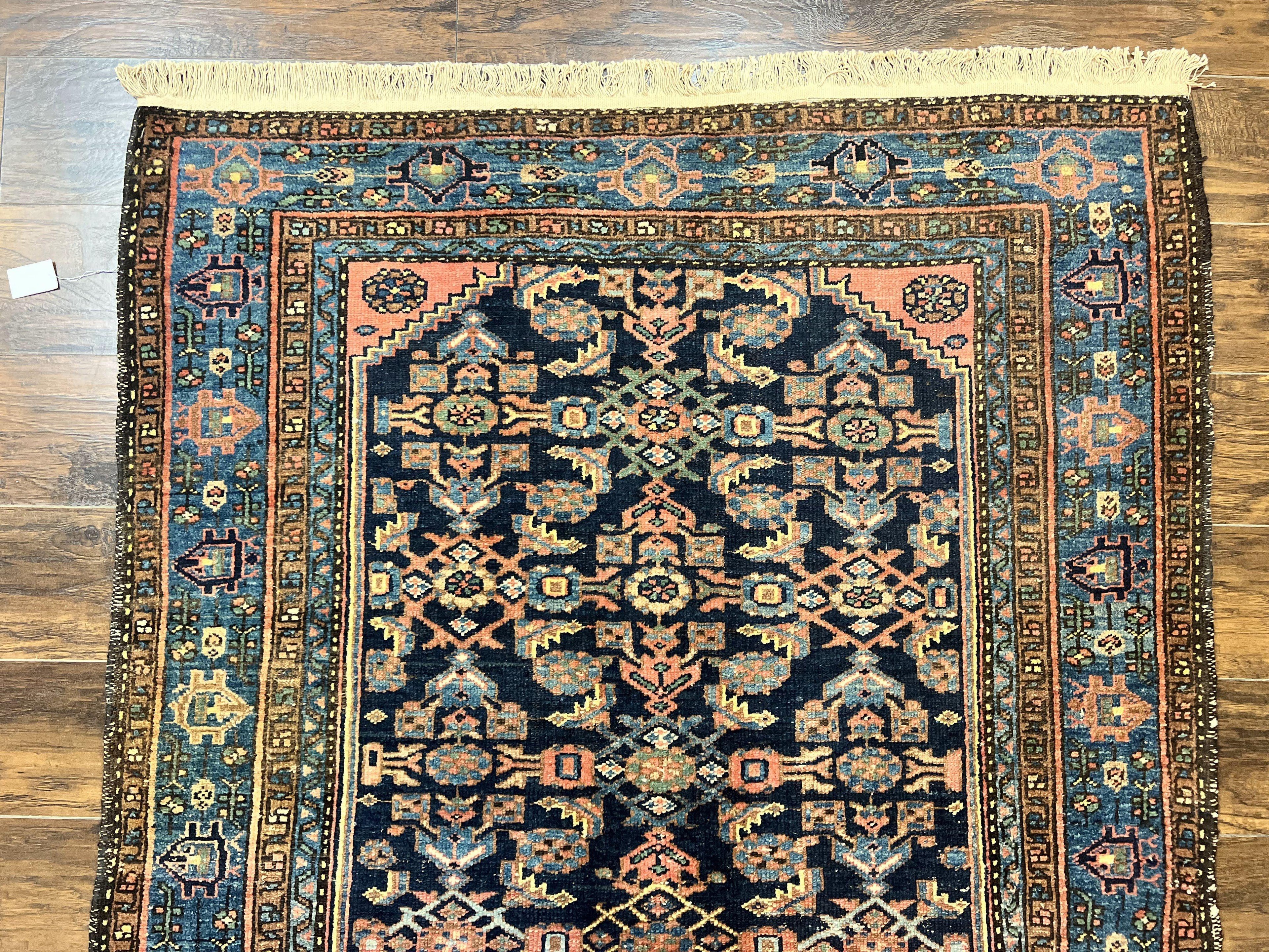 Antique Persian Tribal Rug 5x7, Navy Blue & Pink, Hand Knotted Handmade 1920s Wool Rug, Allover Pattern, Persian Hamadan Rug