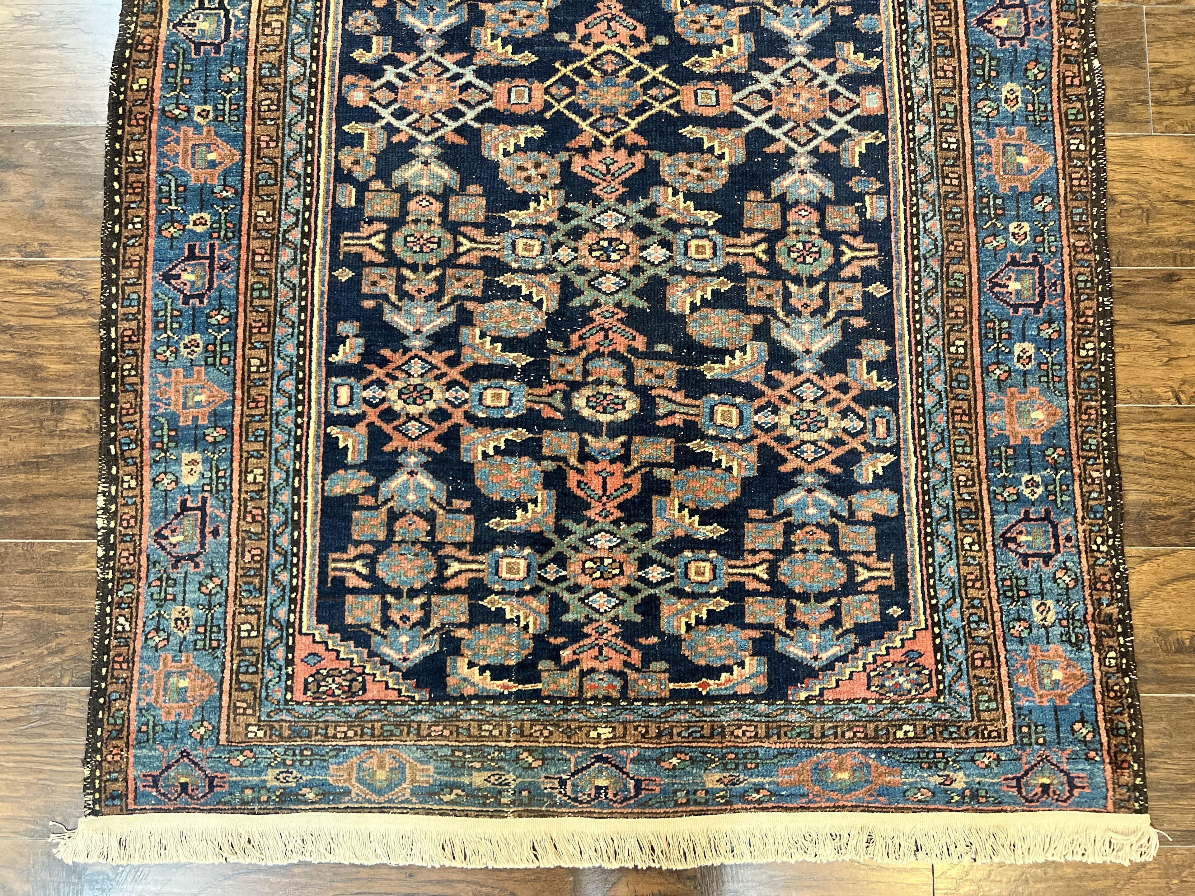 Antique Persian Tribal Rug 5x7, Navy Blue & Pink, Hand Knotted Handmade 1920s Wool Rug, Allover Pattern, Persian Hamadan Rug