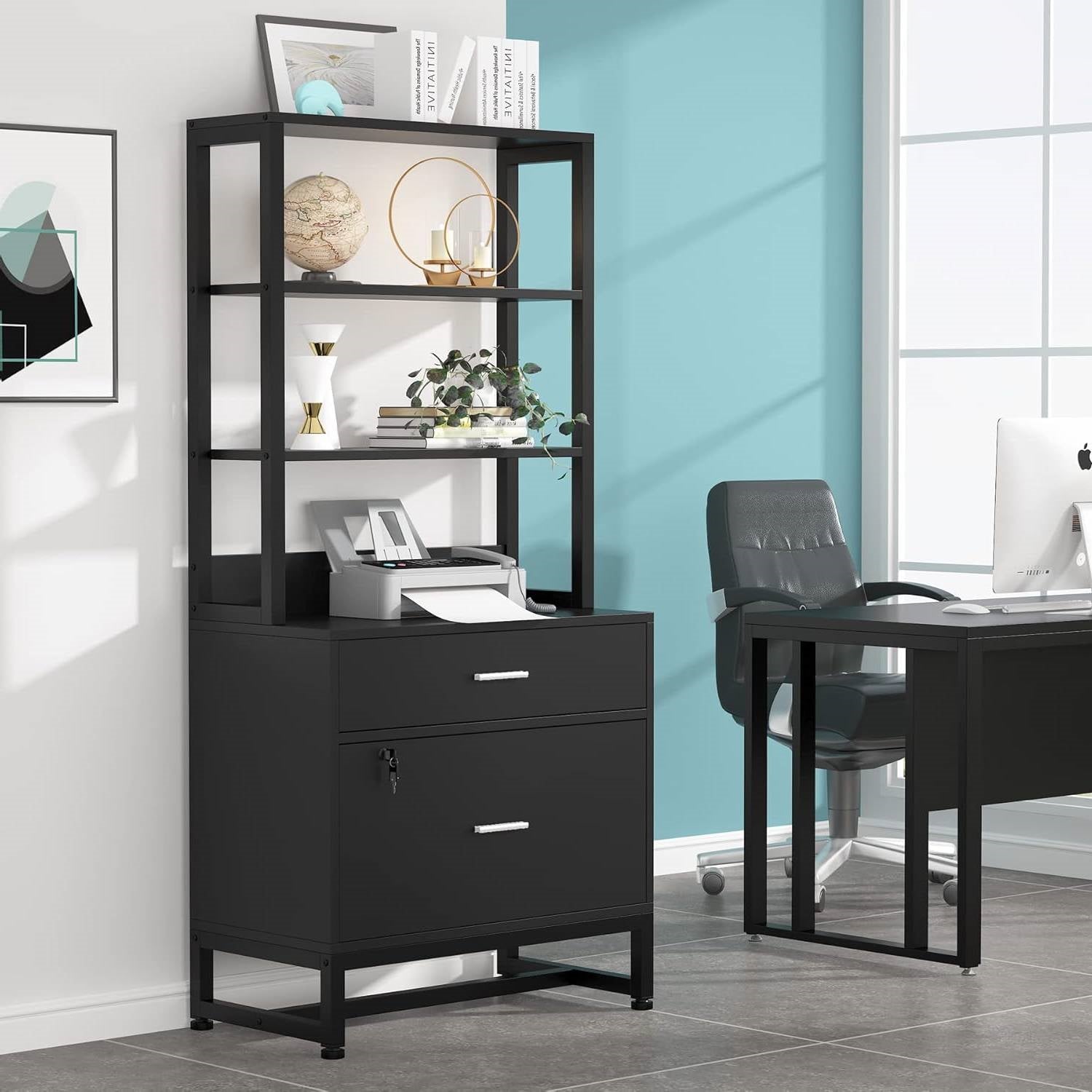 Home Office Lockable 2 Drawer Filing Cabinet Bookshelf in Black Wood Finish