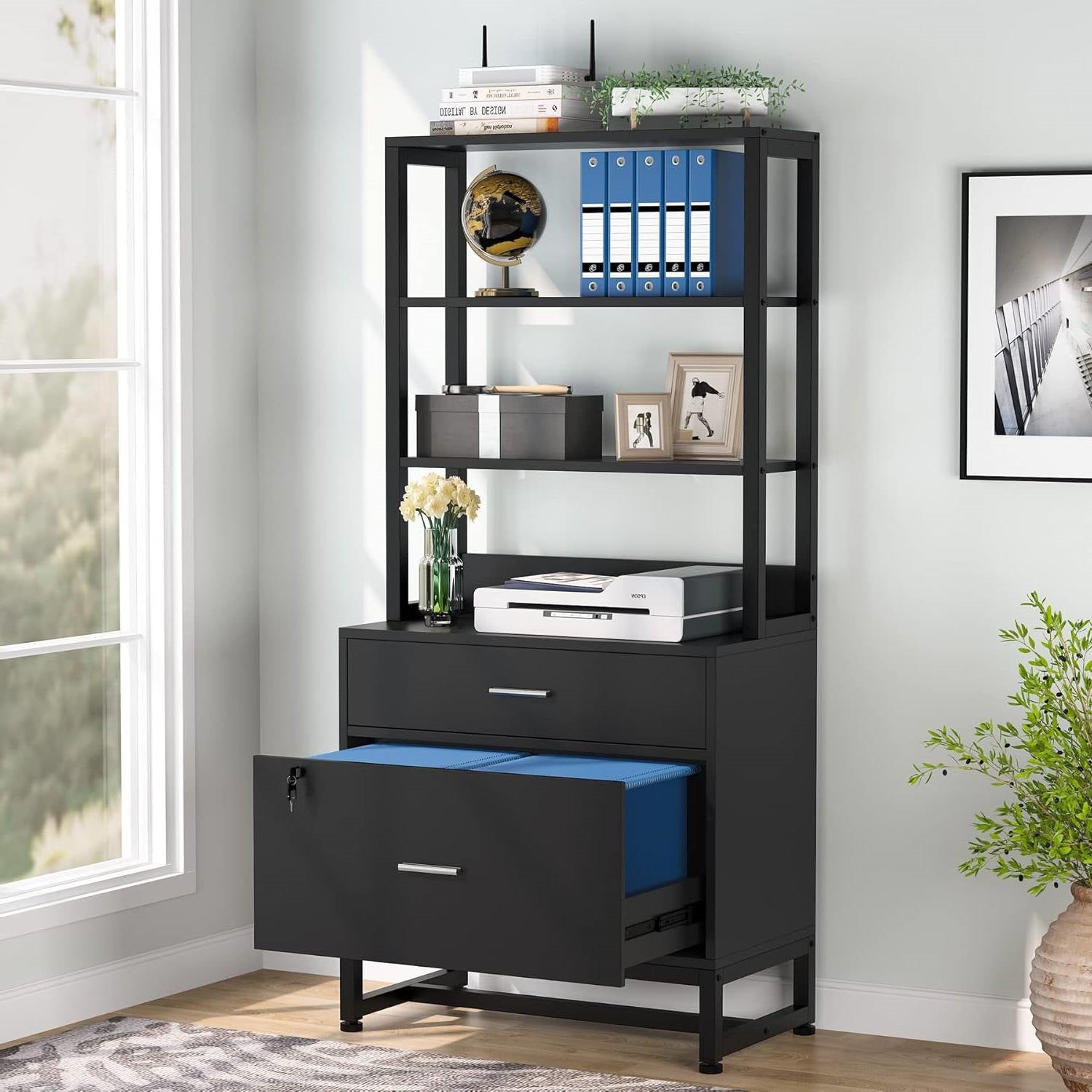 Home Office Lockable 2 Drawer Filing Cabinet Bookshelf in Black Wood Finish