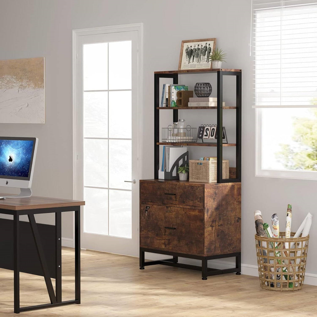 Home Office Lockable 2 Drawer Filing Cabinet Bookshelf in Brown Wood Finish