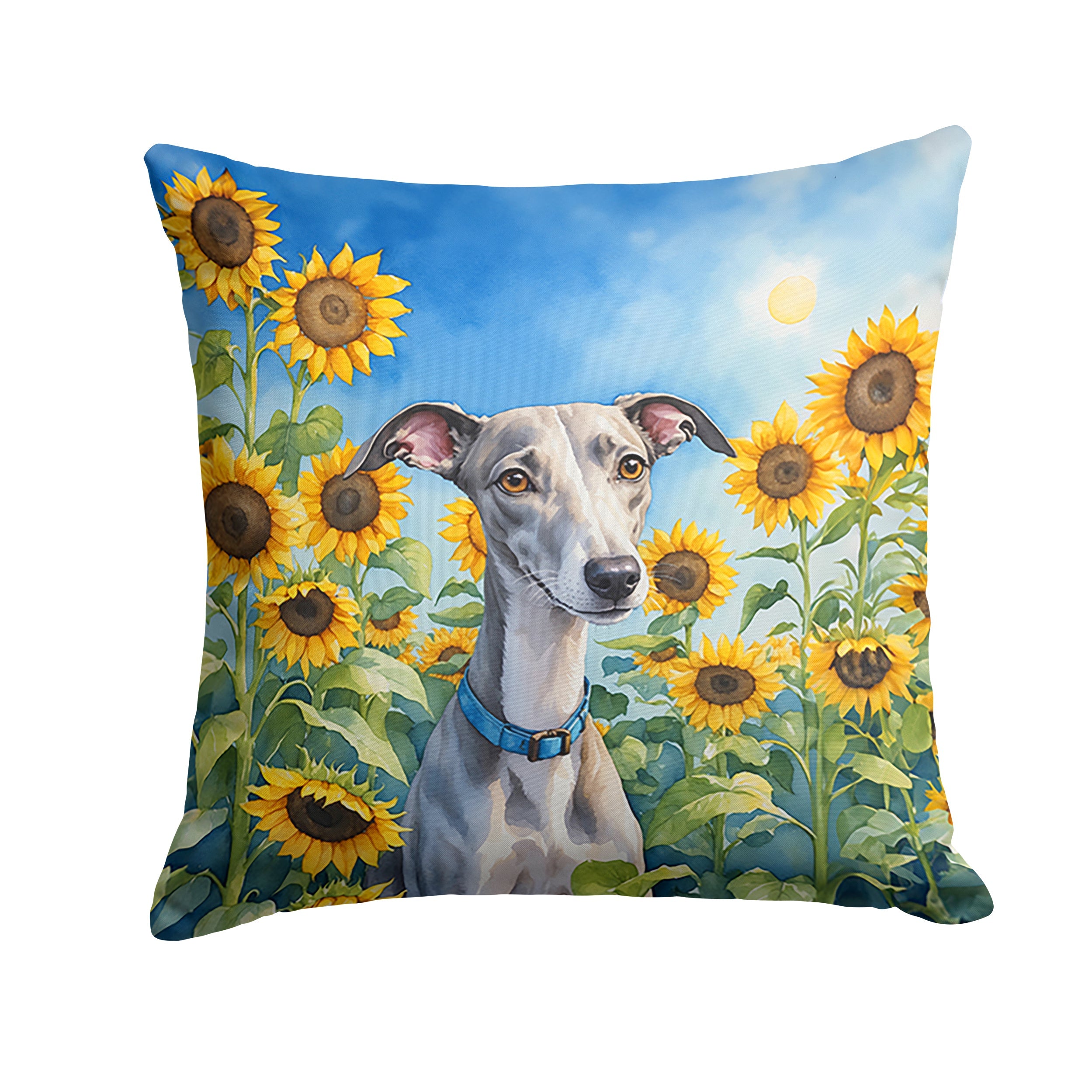 Whippet in Sunflowers Throw Pillow
