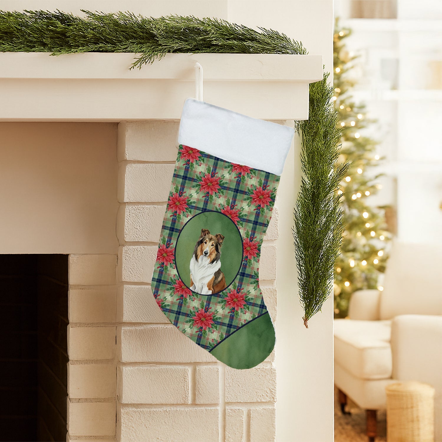 Sable Collie Christmas PoinsettIas Holiday Stocking