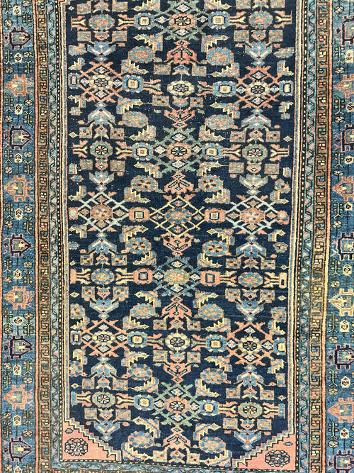 Antique Persian Tribal Rug 5x7, Navy Blue & Pink, Hand Knotted Handmade 1920s Wool Rug, Allover Pattern, Persian Hamadan Rug