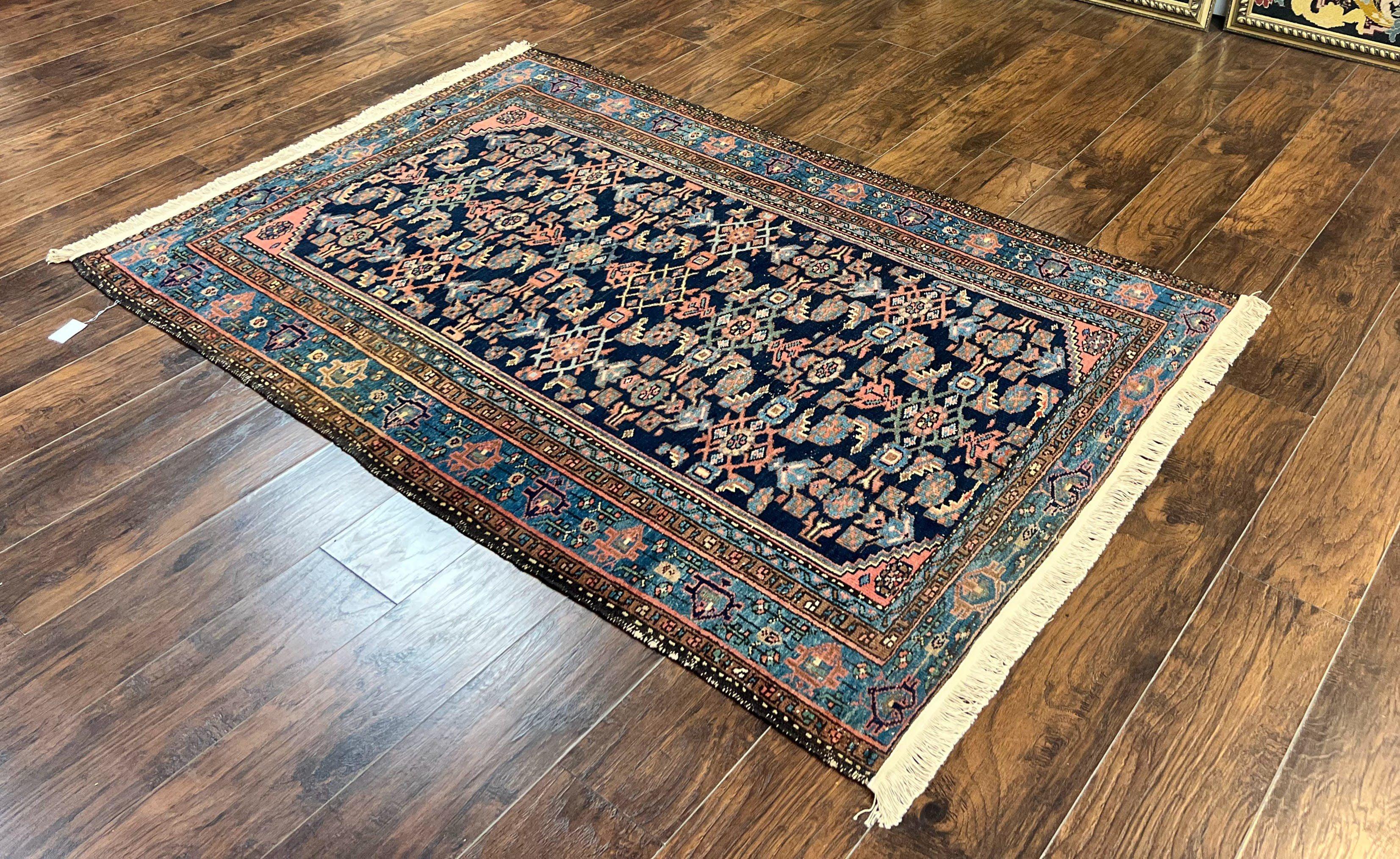 Antique Persian Tribal Rug 5x7, Navy Blue & Pink, Hand Knotted Handmade 1920s Wool Rug, Allover Pattern, Persian Hamadan Rug